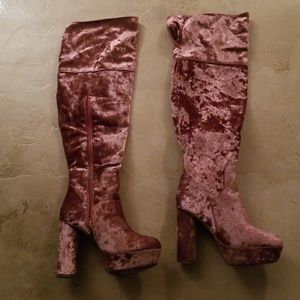 Pink Over the Knee Crushed Velvet Boots